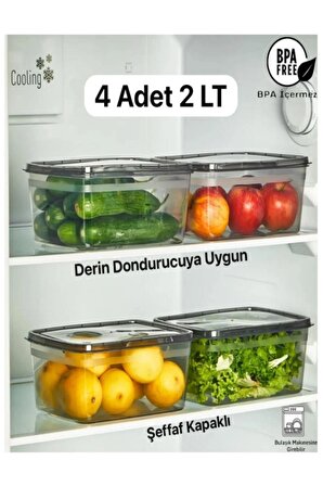 4 Adet Huge Füme 2 LT Buzdolabı Saklama Kabı - Derin Dondurucuya Uygun Sebze Kutusu