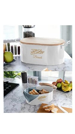 Kesme Tahtalı Metal Ekmek Kutusu Beyaz - Dekoratif Mutfak Ekmeklik Saklama Kutusu