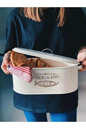 Beyaz Ekmeklik Büyük Boy Kapaklı Desenli Metal Dekoratif Ekmek Saklama Kutusu