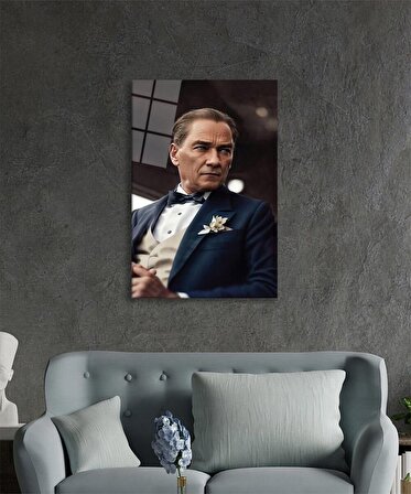 Yapay Zeka Atatürk Portresi Cam Tablo, Ev ve Ofis Duvar Dekoru, Hediyelik Büyük Temperli Cam Tablo