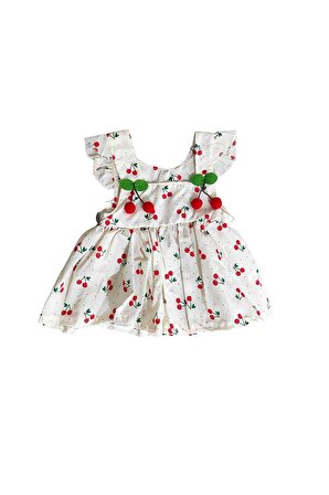 Kız Bebek Kiraz Nakışlı Yumuşak Dokulu Kiraz Desenli Kız Bebek Elbise 0 - 24 Ay