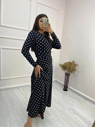 Babua Kadın Krep Kumaş Uzun Kollu Tam Boy Puantiyeli Elbise 132 Cm