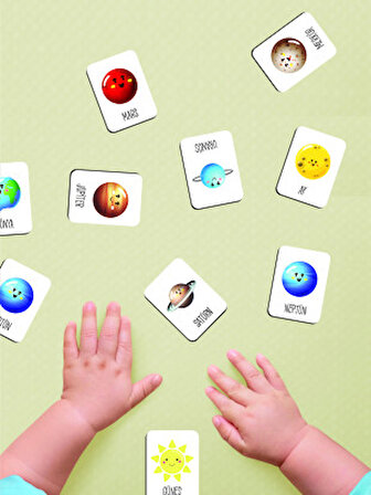 Zeka Kartları Ahşap Eğitici Hafıza Eşleştirme Oyunu Sevimli Gezegenler Oyuncak ( 5,5 x 7,5 CM)