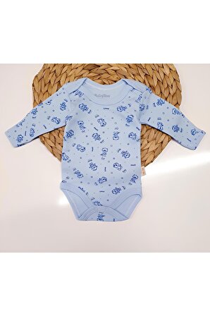 Organik Baskılı Ve Desenli Uzun Kollu Mavi Erkek Bebek Body Zıbın 0-9 Ay