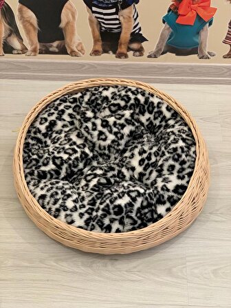 Mady Aksesuar Rattan Bambu Kedi Köpek Yatağı Siyah Leopar Detaylı 58 cm