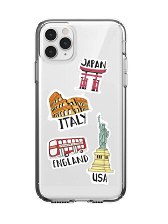 iPhone 11 Pro Sticker Ülkeler Tasarımlı Şeffaf Telefon Kılıfı