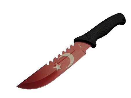 Ayyıldız MF033 RD Kırmızı Av Bıçağı 31cm - Testere Detaylı Bıçak, Oluklu, Kılıflı, Plastik Sap