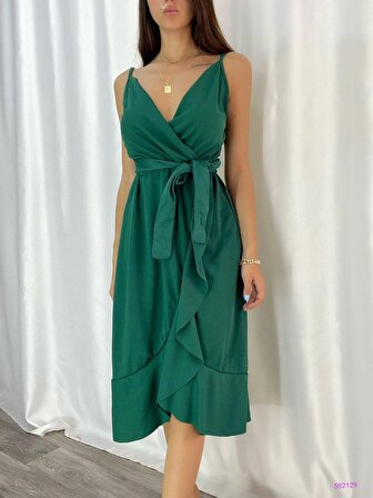 Kadın Yeşil Beli Kuşaklı Kruvaze Midiboy Elbise