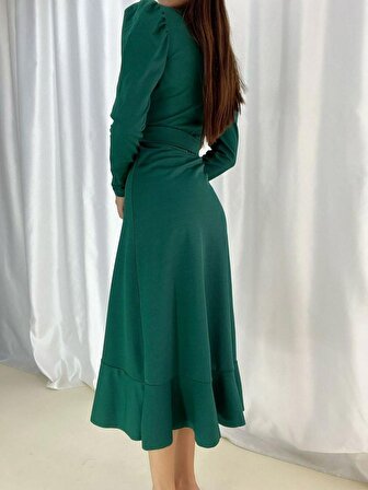 Kadın Yeşil Krep Kumaş Midi Boy Kuşaklı Uzunkol Elbise