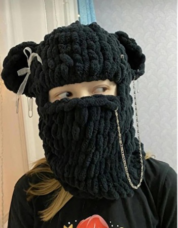 Siyah Puffy Balaclava, Balaklava, Büyük boy 52 cm Çap, 60 cm uzunluk