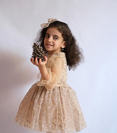 Kız Çocuk  Bej Parıltılı Kabarık Elbise Klips toka Hediyeli