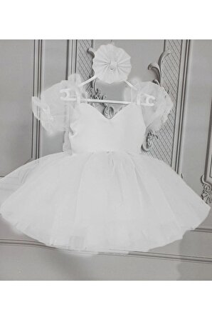 Kız Çocuk Beyaz Kısa Balon Kol Kabarık Elbise