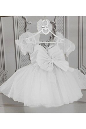 Kız Çocuk Beyaz Kısa Balon Kol Kabarık Elbise