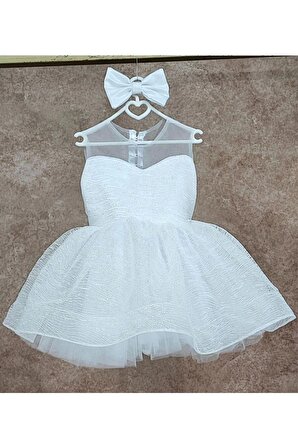 Kız Çocuk Beyaz Parıltılı Kalp Detaylı Şeffaf Sıfır Kol Kabarık Abiye Elbise