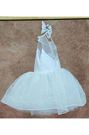Kız Çocuk Beyaz Parıltılı Kalp Detaylı Şeffaf Sıfır Kol Kabarık Abiye Elbise