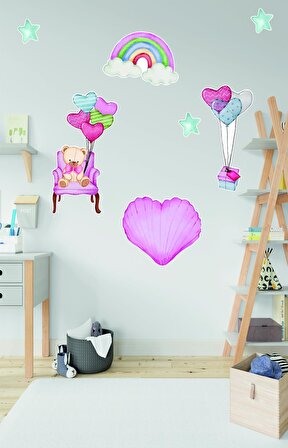 Bizerk Görsel Sevimli Ayı Gökkuşağı Yıldız Uçan Balon Çocuk/Bebek Odası Kreş Anaokulu Duvar Yapışkanı Sticker