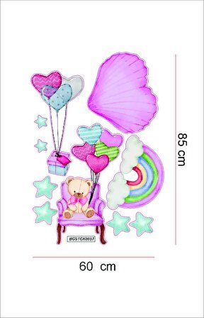 Bizerk Görsel Sevimli Ayı Gökkuşağı Yıldız Uçan Balon Çocuk/Bebek Odası Kreş Anaokulu Duvar Yapışkanı Sticker
