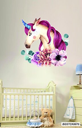 Bizerk Görsel Tek Boynuzlu At Unicorn Çiçek Desenli Çocuk Odası Kreş Anaokulu Duvar Stickerı
