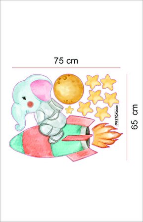 Bizerk Görsel Sevimli Uzay Mekik Fil Gezegen ve Yıldız Bebek/Çocuk Odası Duvar Kapı Cam Sticker Seti