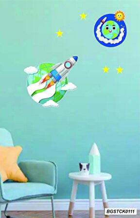 Bizerk Görsel Gezegen Roket Güneş Dünya Yıldız Çocuk/Bebek Odası Kreş Anaokulu Duvar Kapı Sticker