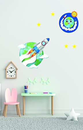 Bizerk Görsel Gezegen Roket Güneş Dünya Yıldız Çocuk/Bebek Odası Kreş Anaokulu Duvar Kapı Sticker