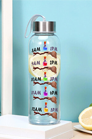 500 ml Matara - Cadı Desen Motivasyon Matarası - Sticker Hediyeli Cam Suluk