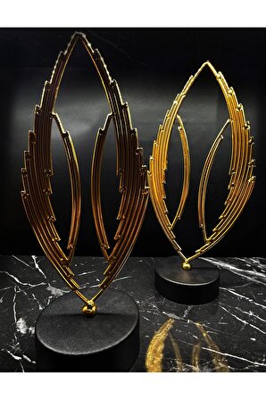 Gold İnce Elips Eksen 2'li Metal Ithal Kaplama Biblo, Ev, Ofis Dekoratif Obje, Dresuar, Orta Masa