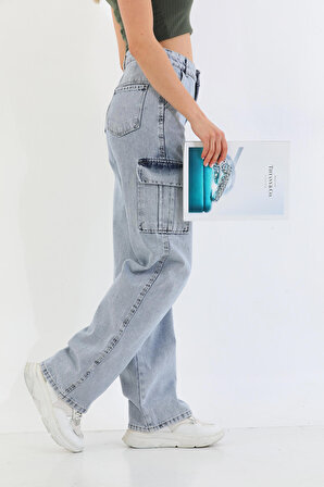Kadın Açık Mavi Yüksek Bel Geniş Paça Kargo Pantolon