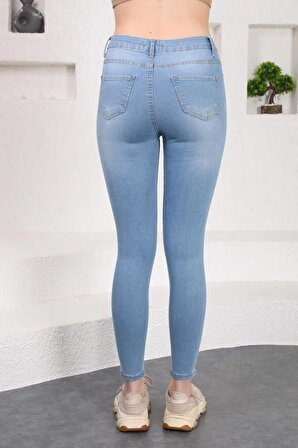 Mavi Tırnak Detaylı Yüksek Bel Likralı Denim Pantolon