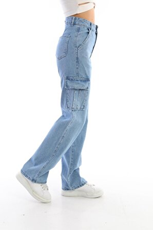 Kadın Mavi Yüksek Bel Geniş Paça Kargo Pantolon