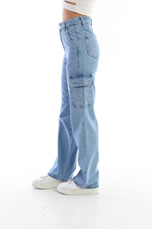 Kadın Mavi Yüksek Bel Geniş Paça Kargo Pantolon