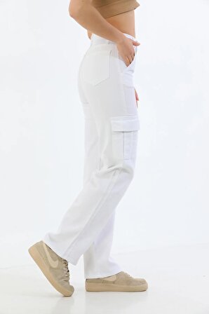 Beyaz Kargo Cepli Likralı Yüksek Bel Wide Leg Pantolon