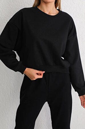 Kadın Siyah Oversize Crop Sweatshirt
