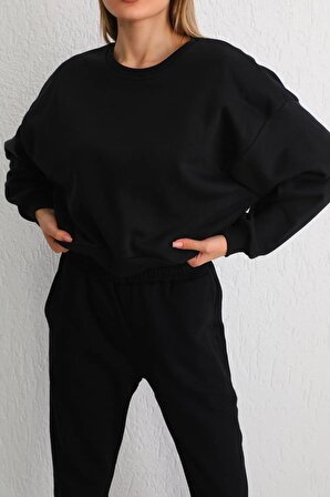 Kadın Siyah Oversize Crop Sweatshirt