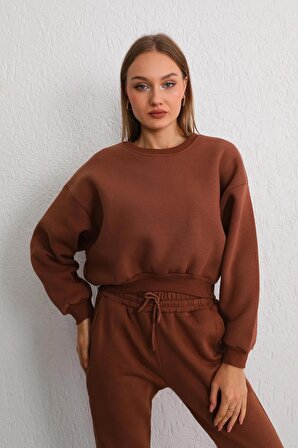 Kadın Kahverengi Oversize Crop Sweatshirt