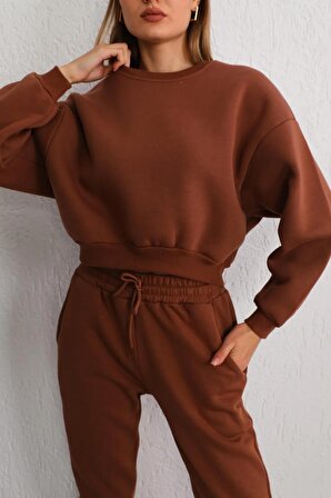 Kadın Kahverengi Oversize Crop Sweatshirt