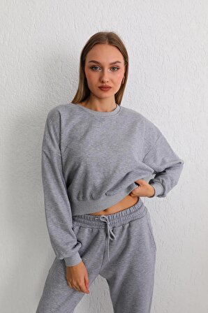 Kadın Gri Oversize Crop Sweatshirt