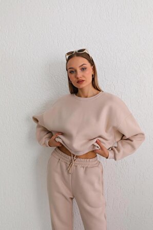 Kadın Bej Oversize Crop Sweatshirt