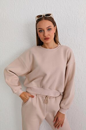 Kadın Bej Oversize Crop Sweatshirt