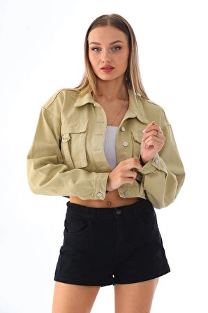 Kadın Cep Detaylı Oversize Crop Denim Ceket