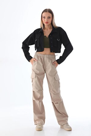 Kadın Cep Detaylı Oversize Crop Denim Ceket