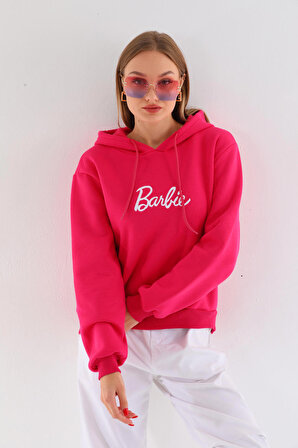 Oversize Barbie Baskılı Kapüşonlu Kalın Pamuklu Sweatshirt