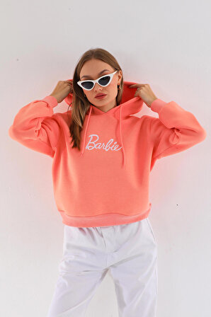 Oversize Barbie Baskılı Kapüşonlu Kalın Pamuklu Sweatshirt
