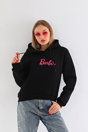 Oversize Barbie Baskılı Kapüşonlu Kalın Pamuklu Sweatshirt 