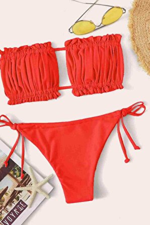  Brezilya Model Büzgülü Bağlamalı Bikini üstü Kırmızı