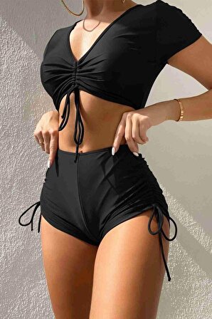 Özel tasarım Yarım Kol Büzgü Detaylı Bikini Takım Siyah