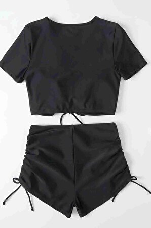 Özel tasarım Yarım Kol Büzgü Detaylı Bikini Takım Siyah