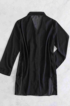 Şifon Gömlek Plaj Elbisesi Pareo Kimono Kaftan Siyah