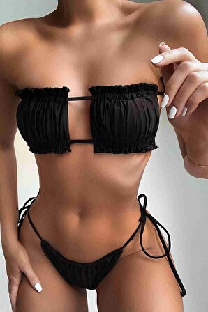 Brezilya Model Büzgülü Bağlamalı Bikini üstü Siyah