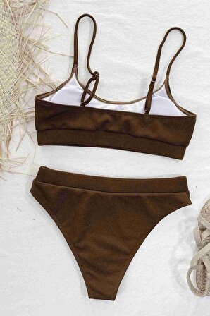  Yüksek Bel Fitilli Kumaş Tankini Bikini Takım Kahverengi